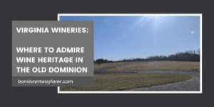 Virginia Wineries: Where to admire wine heritage in the Old Dominion Banner with title followed by a winding road leading to a vineyard in Virginia wine country